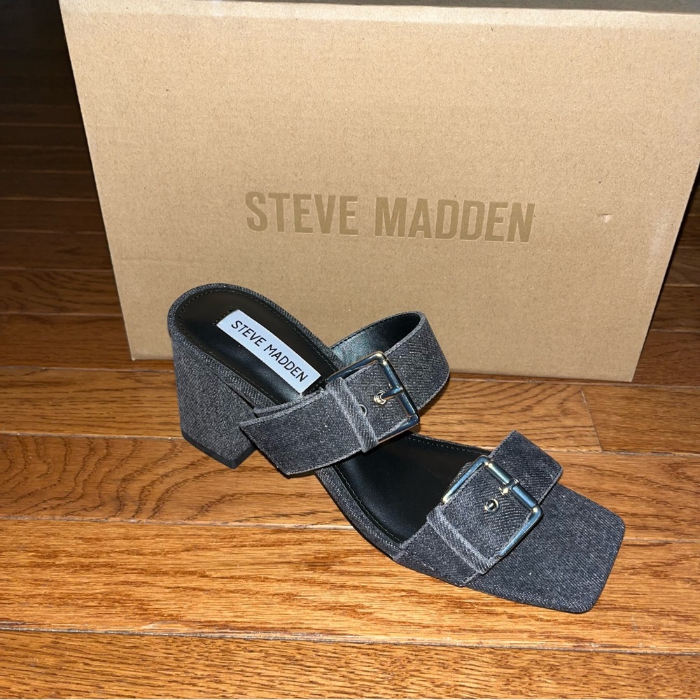 Steve Madden Menna Double Buckle Denim Sandals Black Denim Women’s Size 7